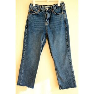 Topshop Blue Wash Distressed Hem Cropped Straight Leg Jeans Women's Size 2 / 26